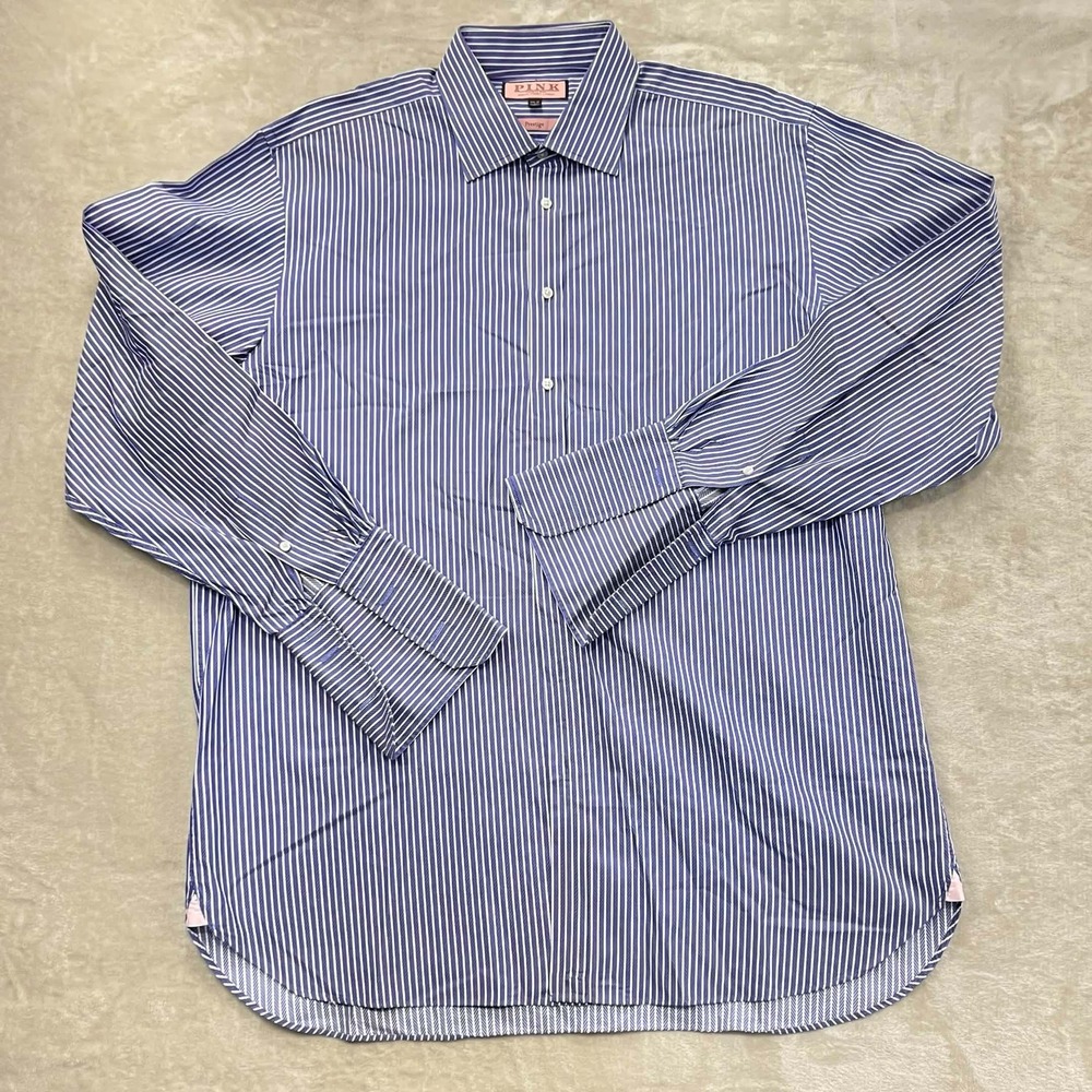 EUC Thomas Pink Prestige Dress Shirt Mens 17.5 37 Blue White Stripe French Cuff